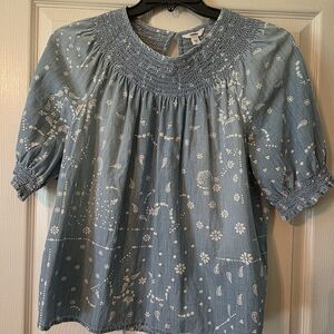 Sonoma Blue Smocked Top with White Floral Accents
